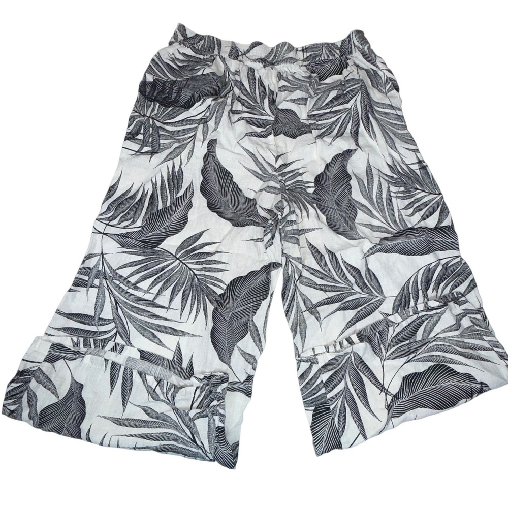 Tahari 100% Linen Wide Leg Pants Womens Size L White Black Tropical Palm Print - Picture 3 of 7
